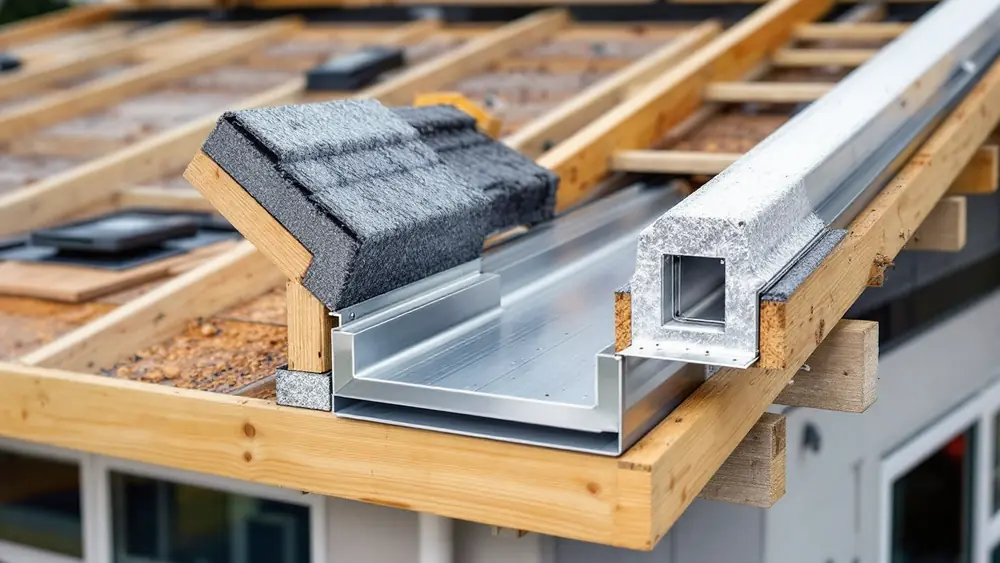 Butterfly roof valley with a sheet-metal box gutter draining through an end scupper into a conductor head and downspout