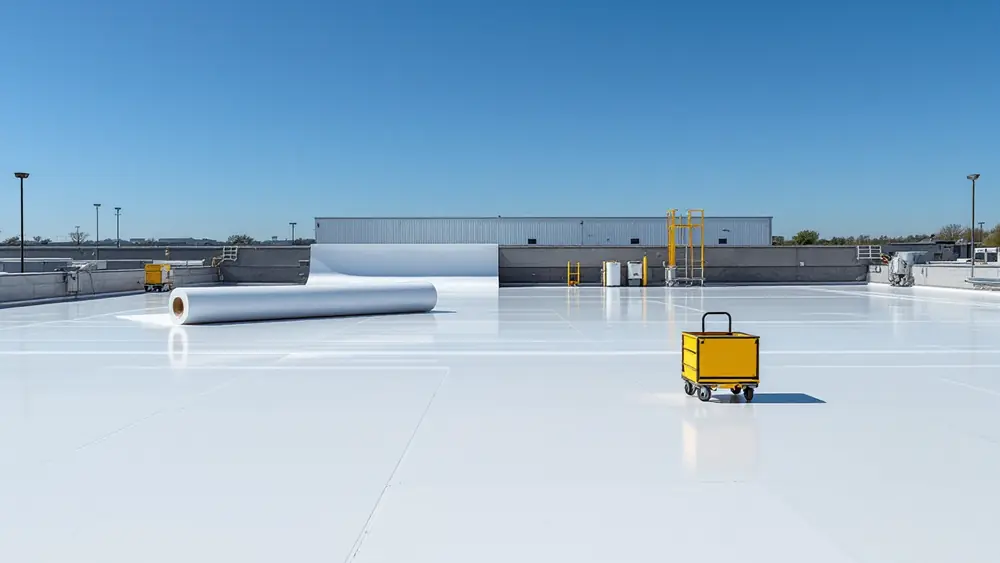 White TPO single-ply membrane sheets with welded seams being laid on a flat commercial warehouse roof