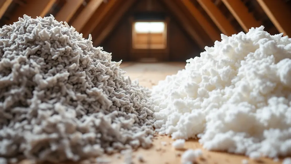 Bales of loose-fill cellulose and fiberglass blown-in insulation stacked in a store aisle