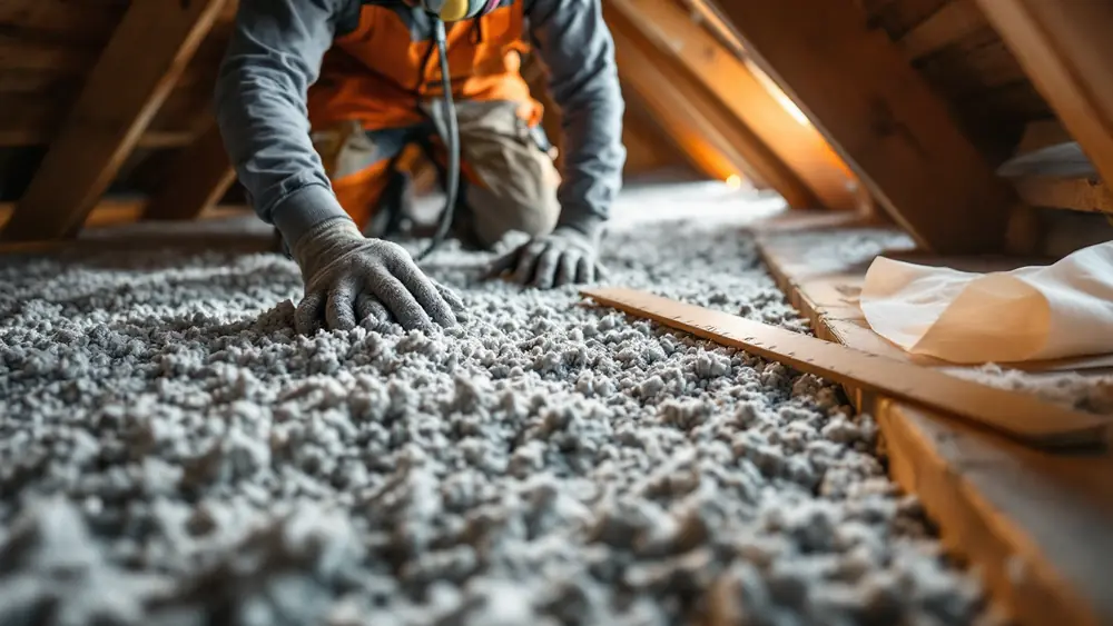 Blowing loose-fill cellulose between attic joists with baffles at the eaves and a depth ruler