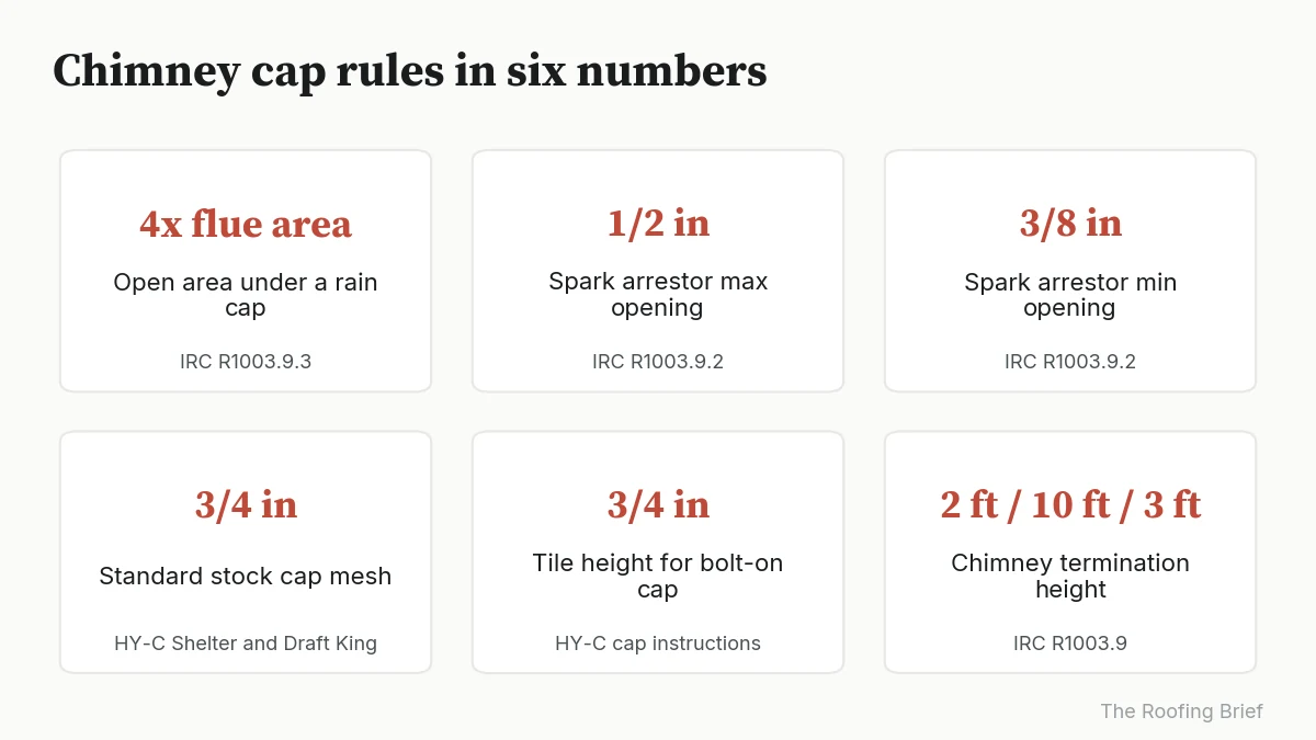 Six cards showing chimney cap code limits: 4x open area, 1/2 in and 3/8 in mesh, 3/4 in stock mesh and tile height