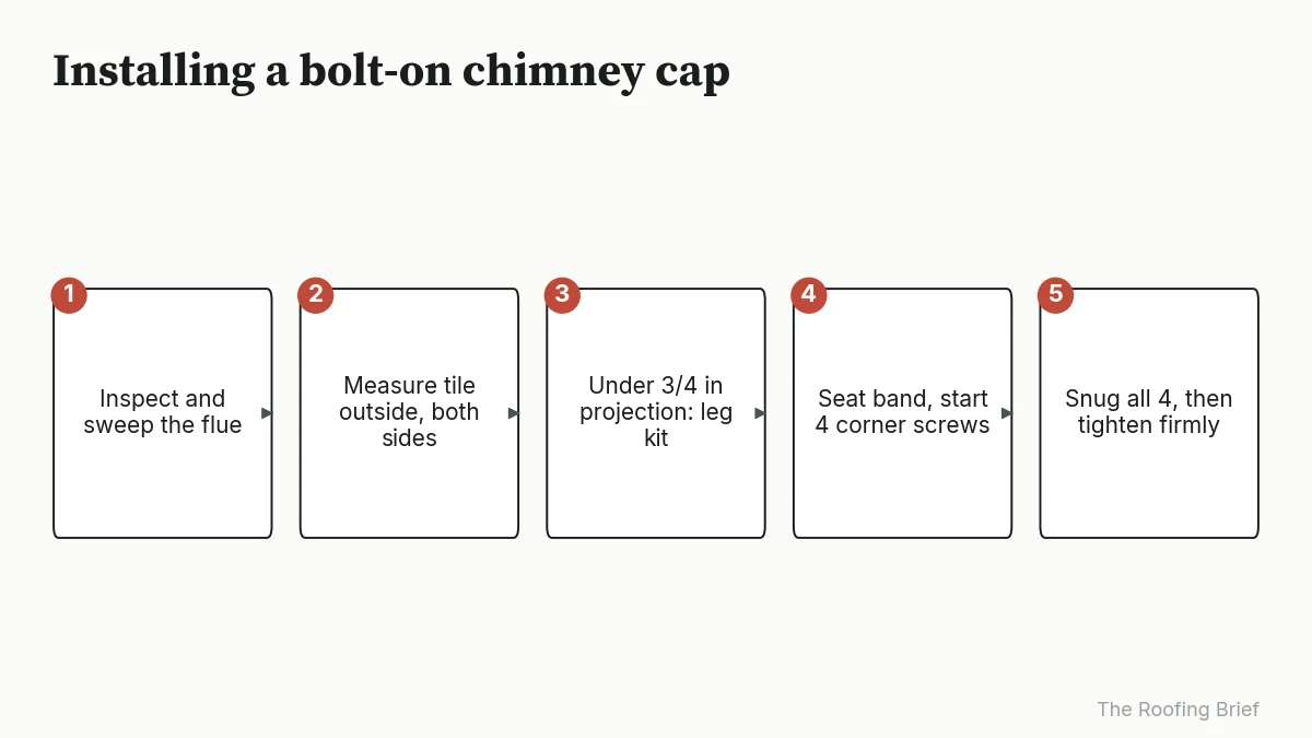 Five-step diagram for fitting an outside-mount chimney cap from flue inspection to tightening four corner screws