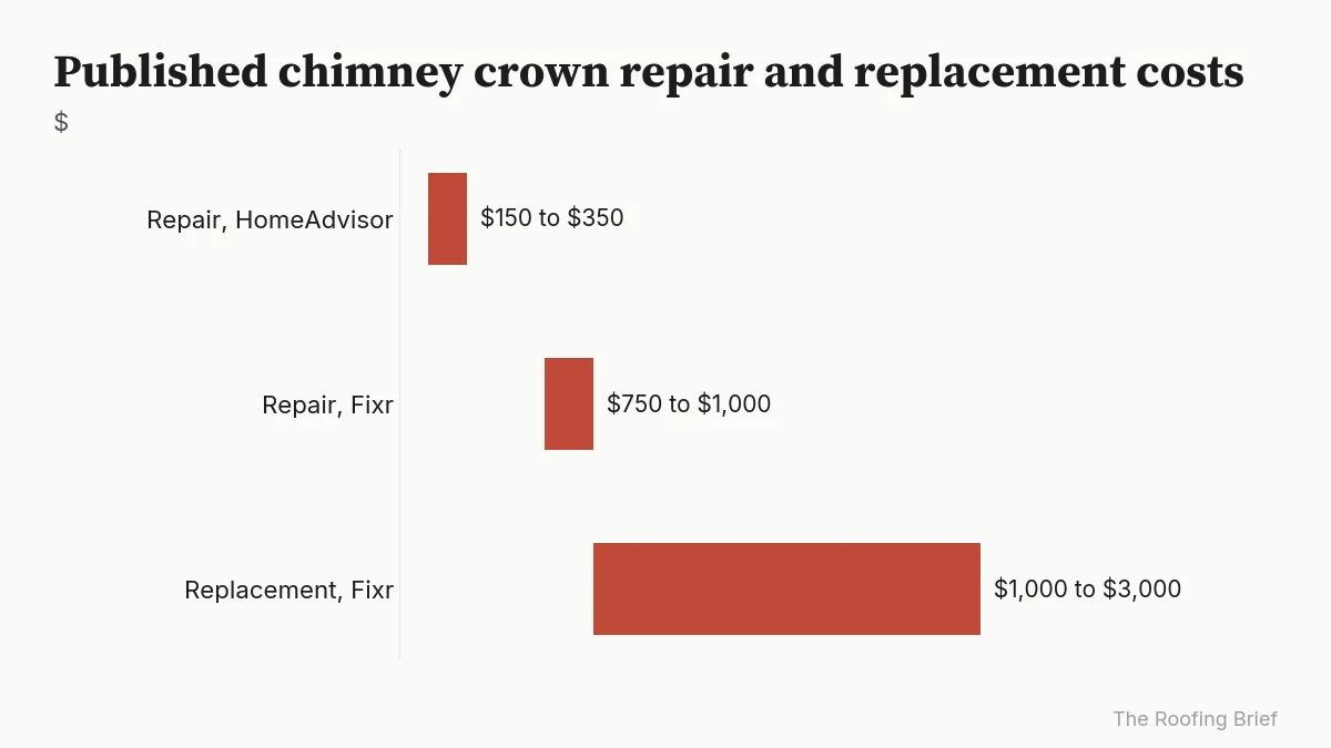Range chart: crown repair $150 to $350 and $750 to $1,000, crown replacement $1,000 to $3,000