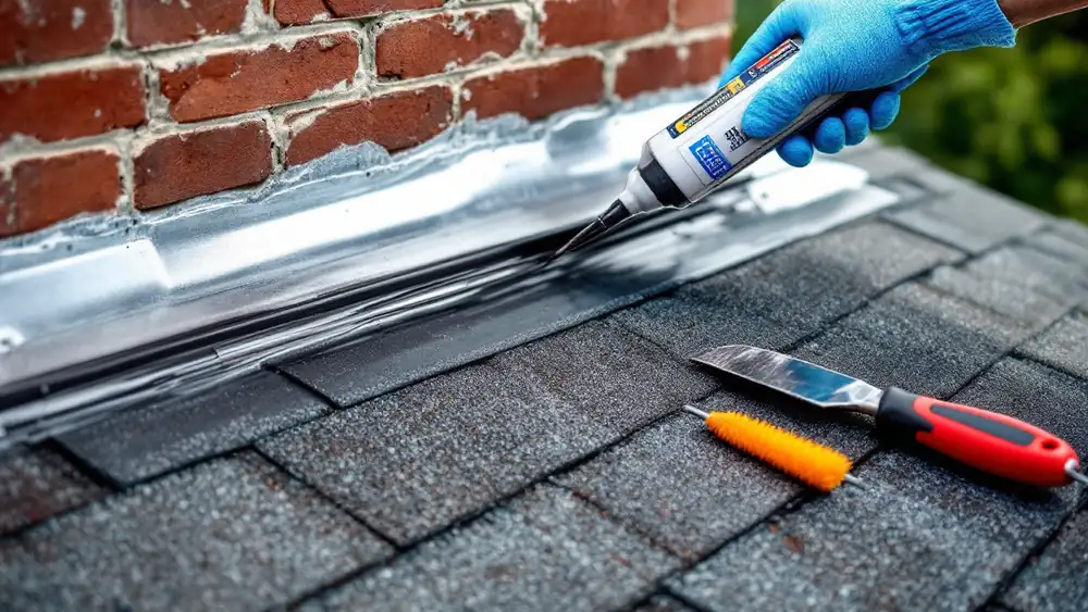 Gloved hands running a sealant bead into the counter flashing reglet on a brick chimney