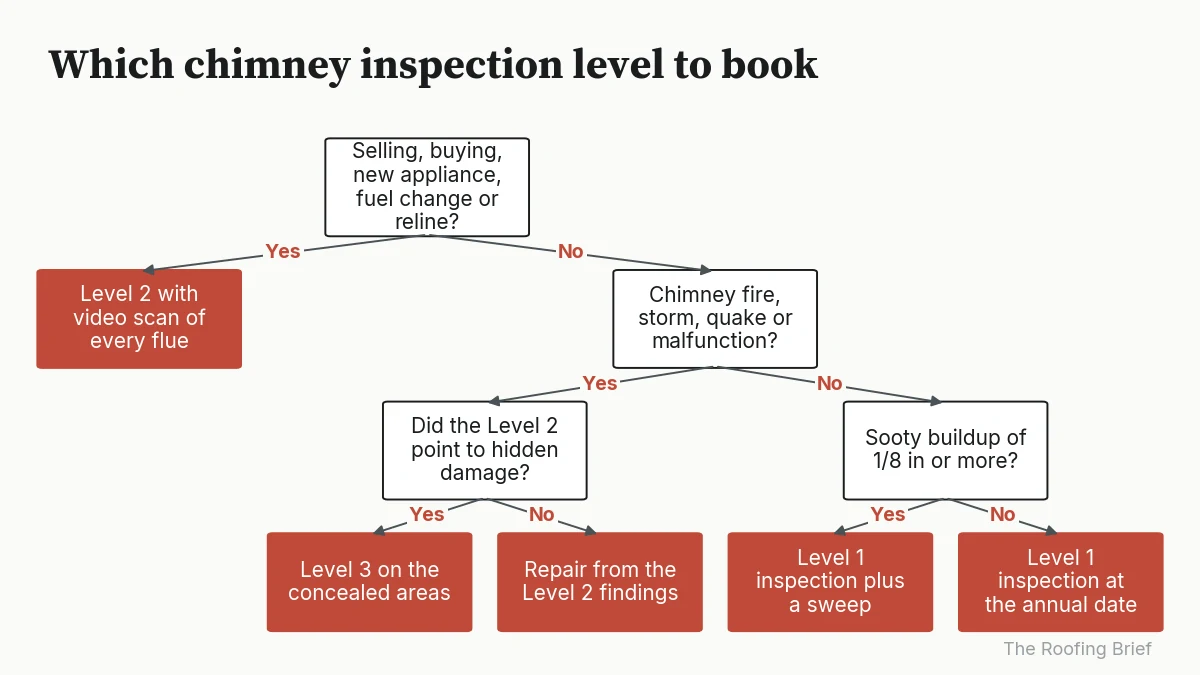 Flowchart choosing a Level 1, 2 or 3 chimney inspection based on changes, damage events and buildup