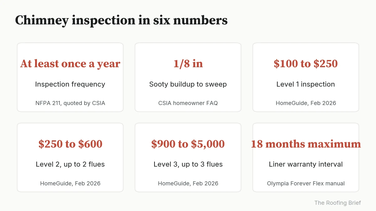 Six cards with chimney inspection numbers: once a year, 1/8 in, Level 1 to 3 price bands and 18 months