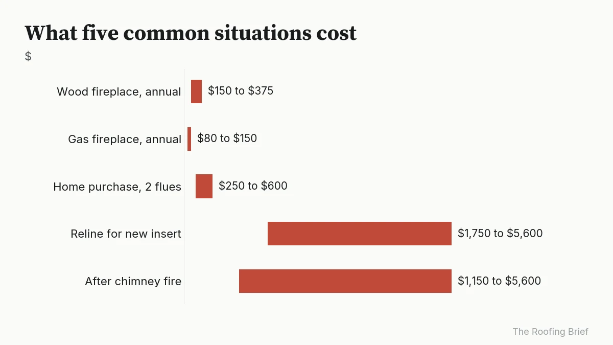 Range chart of chimney inspection costs for five situations, from $80 to $5,600
