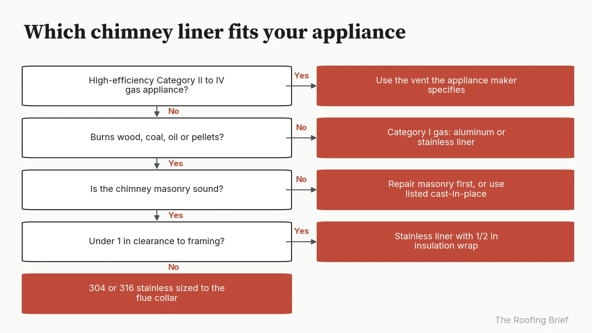 Flowchart choosing a chimney liner by appliance type, masonry condition and clearance to framing