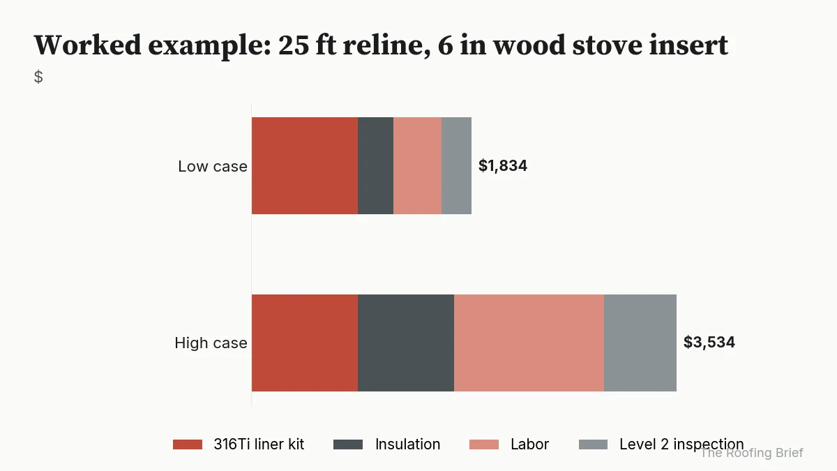 Stacked bars showing a 25 foot chimney reline totaling $1,833.99 in the low case and $3,533.99 in the high case
