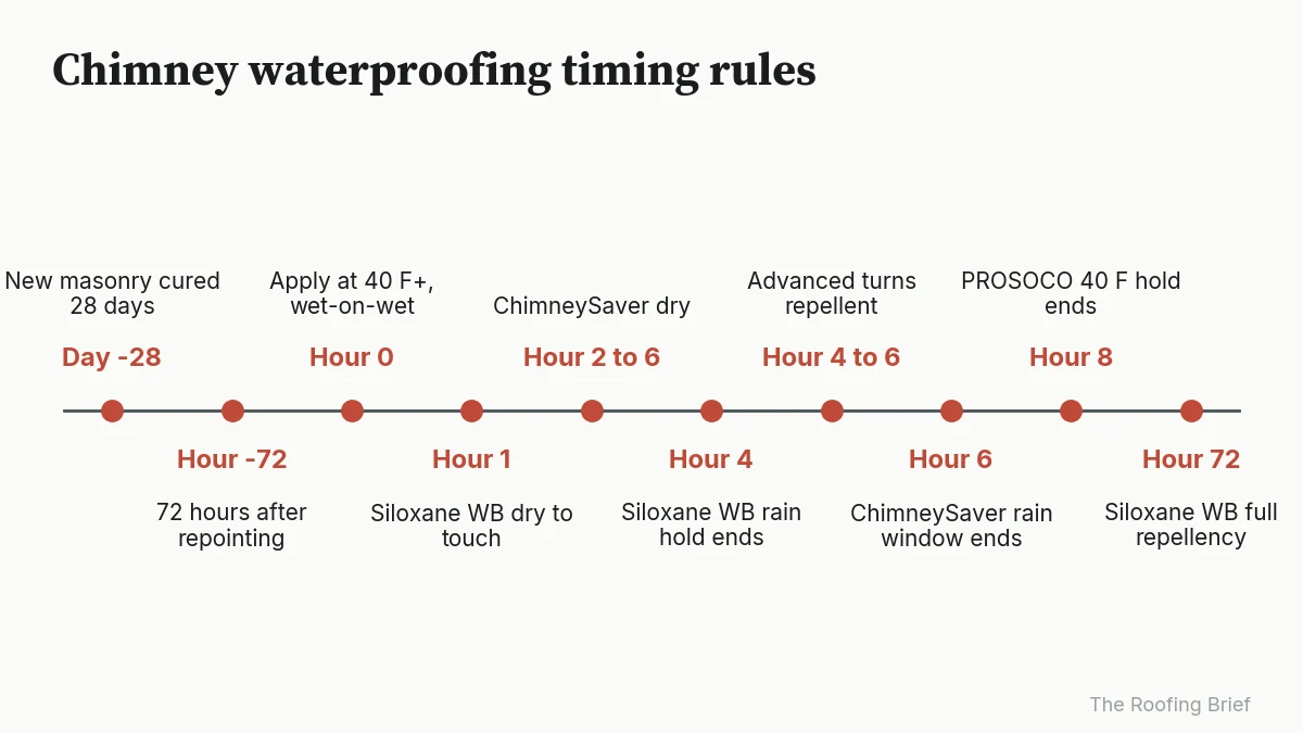 Timeline from 28 days before application to 72 hours after, showing cure, rain and temperature limits