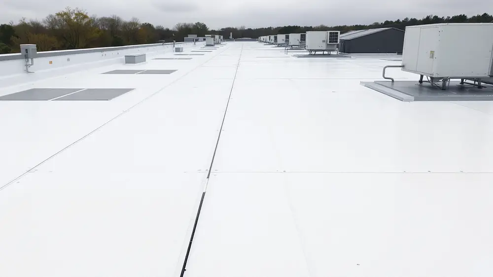 White TPO commercial flat roof with welded seams, walkway pads and a roof drain area