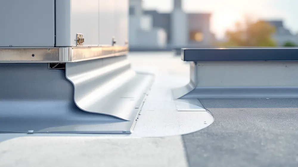 Rooftop HVAC unit on a flashed curb with a condensate line and walkway pads on a flat roof