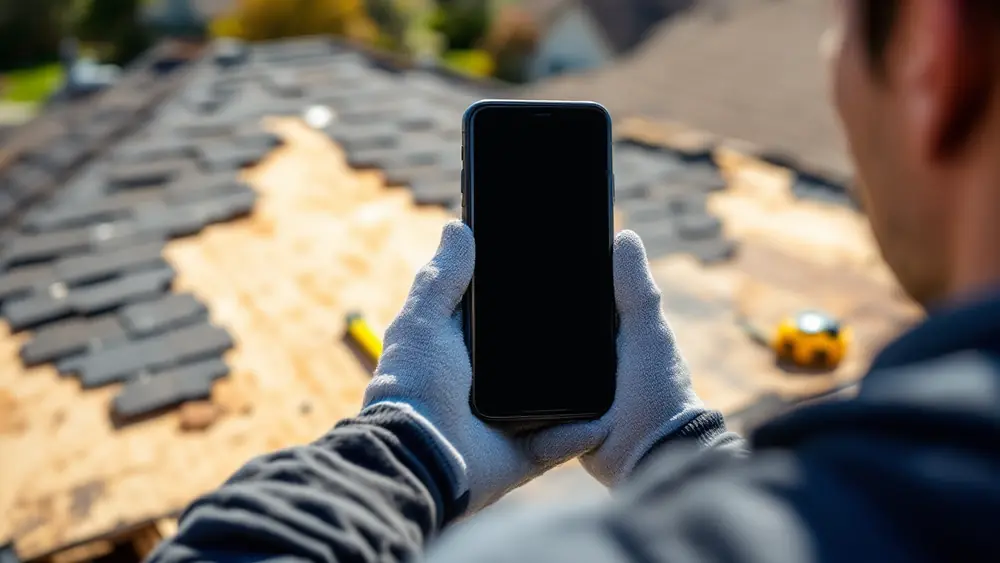 Roofer photographing exposed plywood decking during a tear-off with a smartphone for job documentation