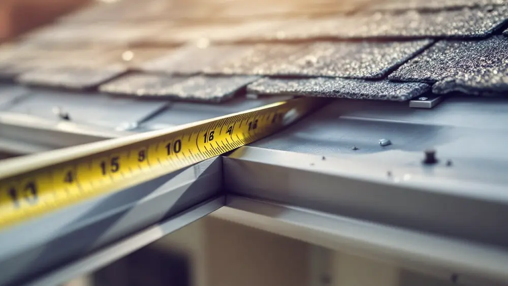 Tape measure across a drip edge overlap at a shingle roof eave, showing a photo checklist shot