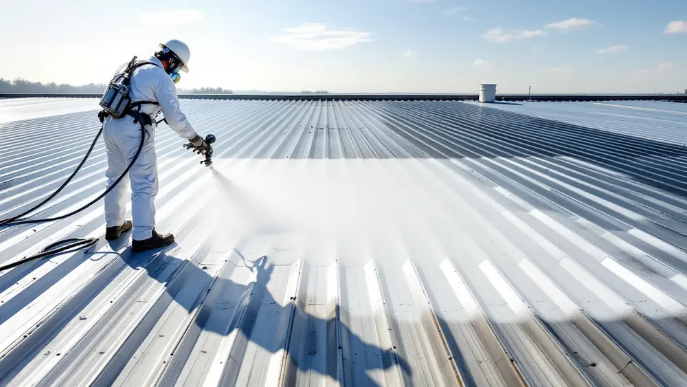 Roofer spraying white acrylic elastomeric coating over a weathered corrugated metal commercial roof