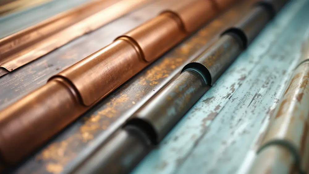 Painted steel roof panel samples in bright copper, weathered brown copper, antique copper and patina green finishes