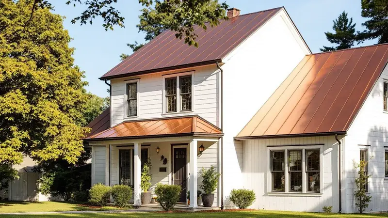 White sided two-story house with a copper colored standing seam metal roof and dark bronze trim