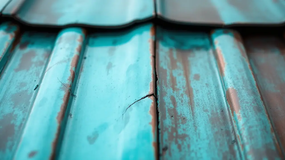 Patinated copper standing seam roof with a lifted seam and a cracked soldered joint