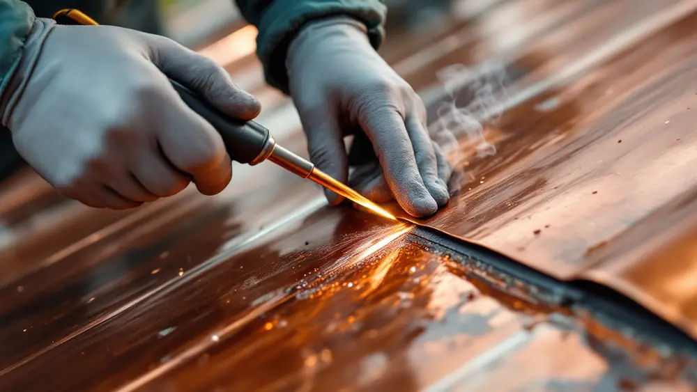 Gloved hands soldering a cleaned flat-lock copper seam with a heated soldering copper