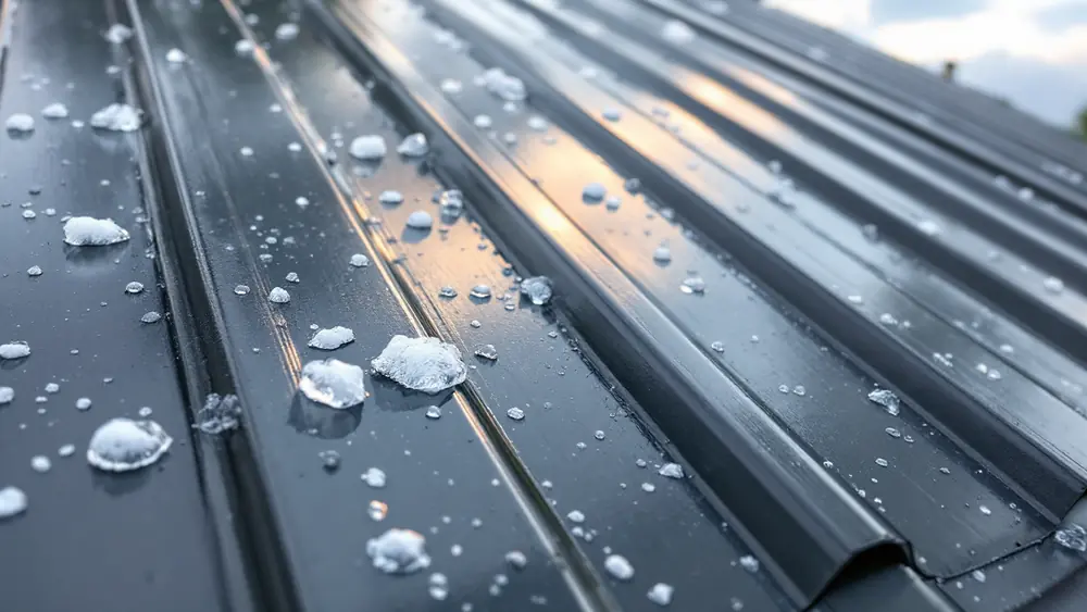 Hail dents across a gray standing seam steel roof with paint and seams intact after a storm