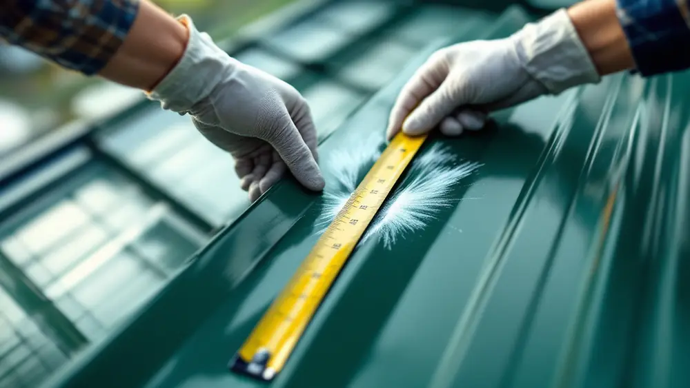 Gloved hands measuring a hail dent on a green metal roof panel next to a seam with a tape measure