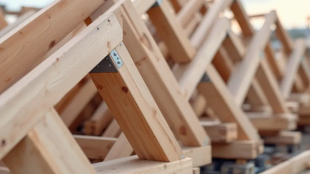 Steep prefabricated roof trusses stacked beside a house whose old roof was removed to the wall plates