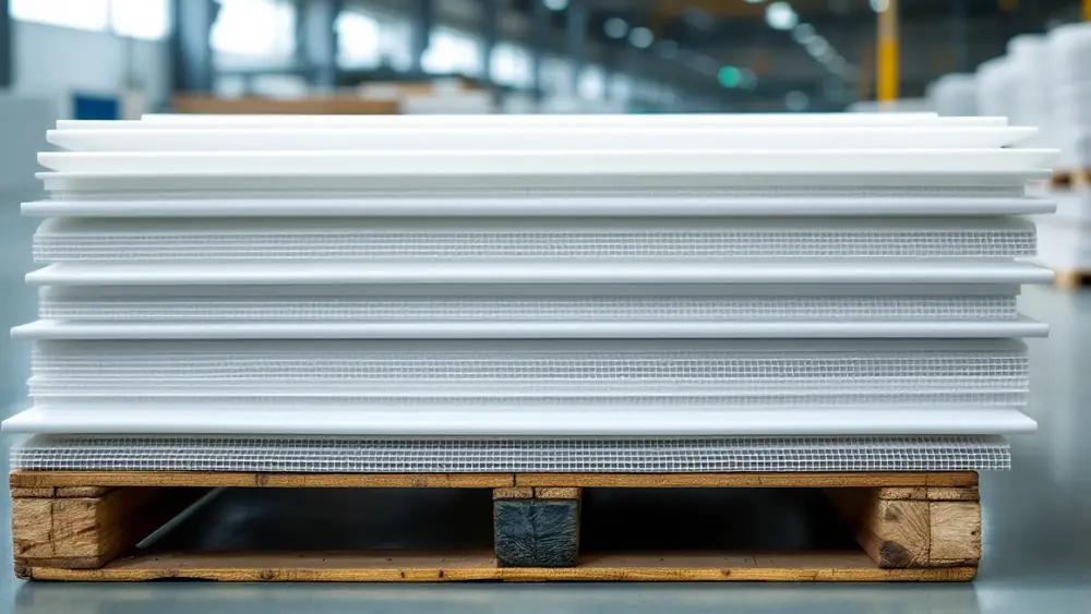 Folded white PVC roofing deck sheets with factory-welded seams stacked on a pallet in a fabrication plant
