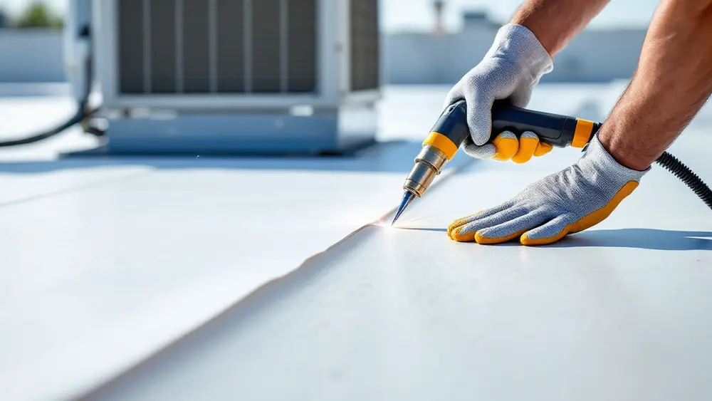 Roofer's gloved hands hot-air welding a white PVC membrane seam on a flat commercial roof