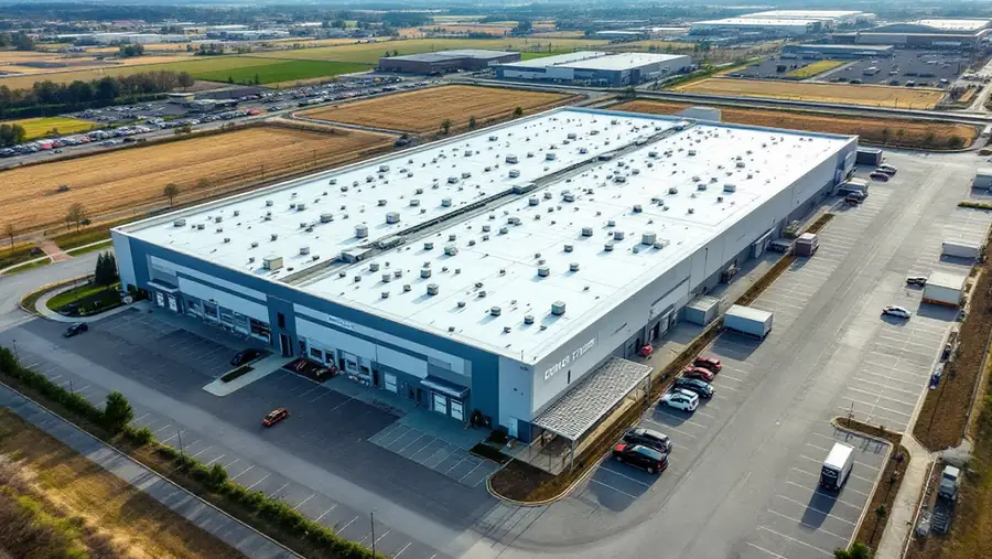 Aerial view of a warehouse with a white single-ply membrane roof and rooftop HVAC units