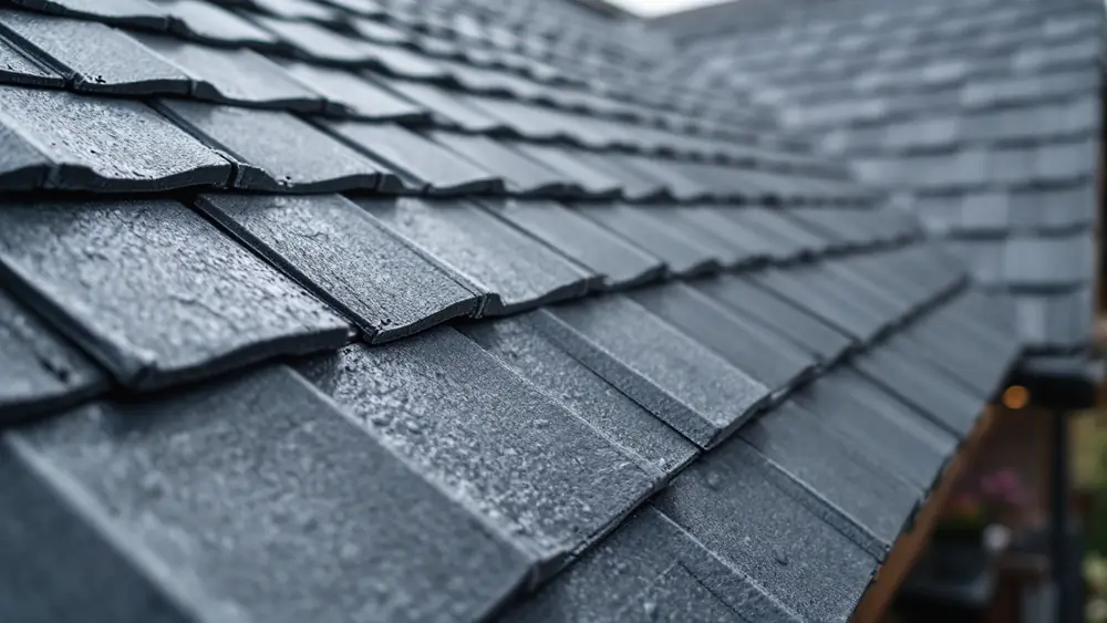 Dark grey slate-look recycled rubber roof panels laid in staggered courses on a steep residential roof