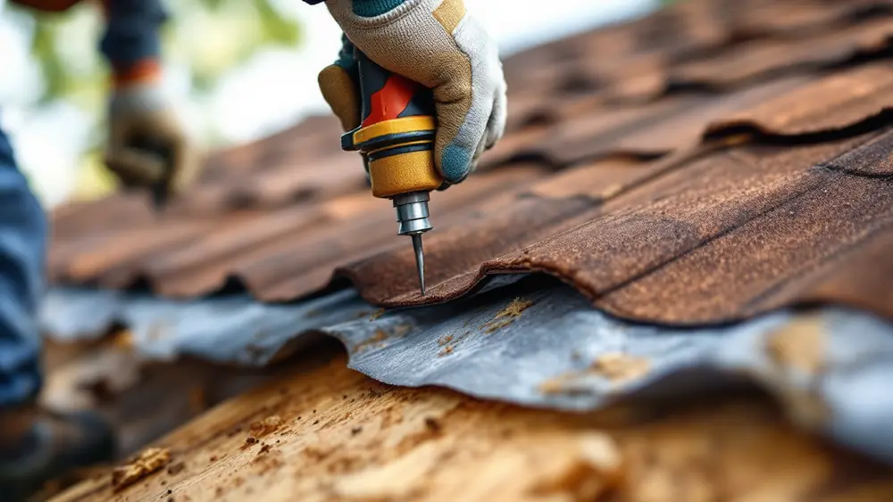 Gloved hands nailing a brown shake-look rubber roof panel over synthetic underlayment on plywood decking