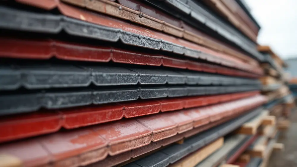 Stack of ribbed painted steel roofing panels in charcoal and red resting on wooden chocks at a lumberyard