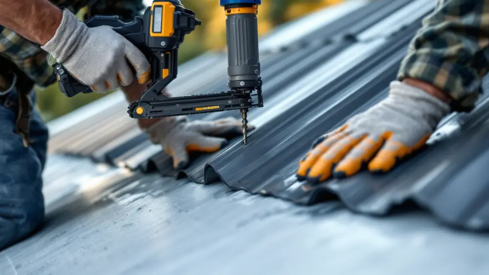 Bronze standing seam metal panels being installed over underlayment on a plywood roof deck