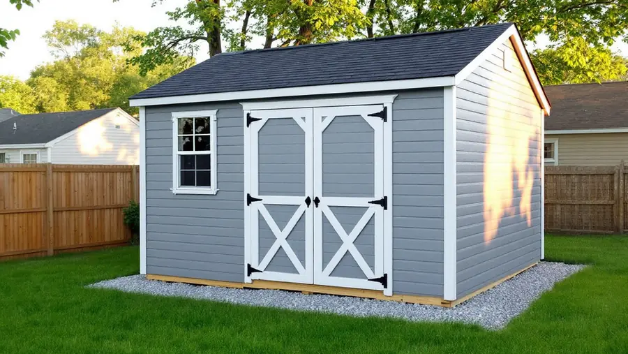 Finished gray wooden gable roof storage shed with double doors and asphalt shingles on a gravel pad