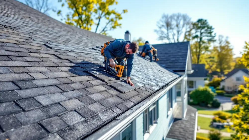 Roofing crew installing architectural asphalt shingles over synthetic underlayment on a suburban home