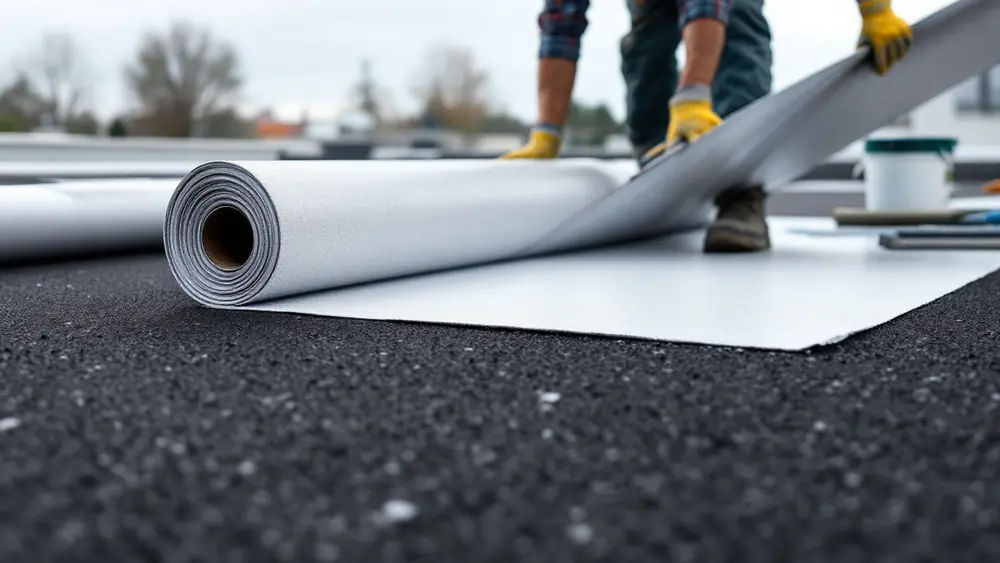Gloved worker unrolling a white mineral-surfaced modified bitumen cap sheet over a base sheet on a flat roof