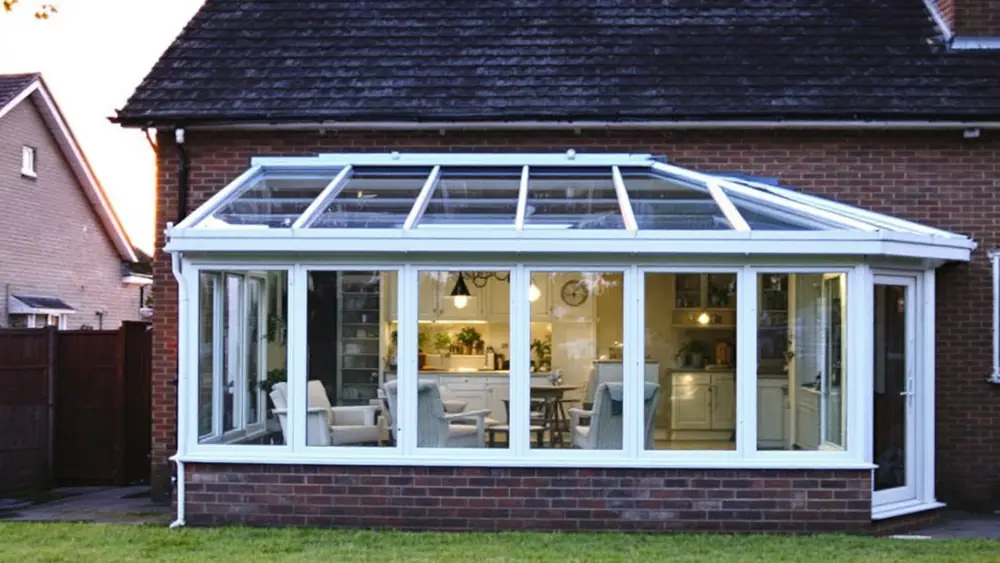 Sunroom addition with a sloped glass roof of insulated glass panels in white aluminum glazing bars