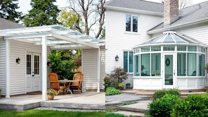 Patio covers compared: clear multiwall polycarbonate sheets beside clear glass panels on aluminum rafters