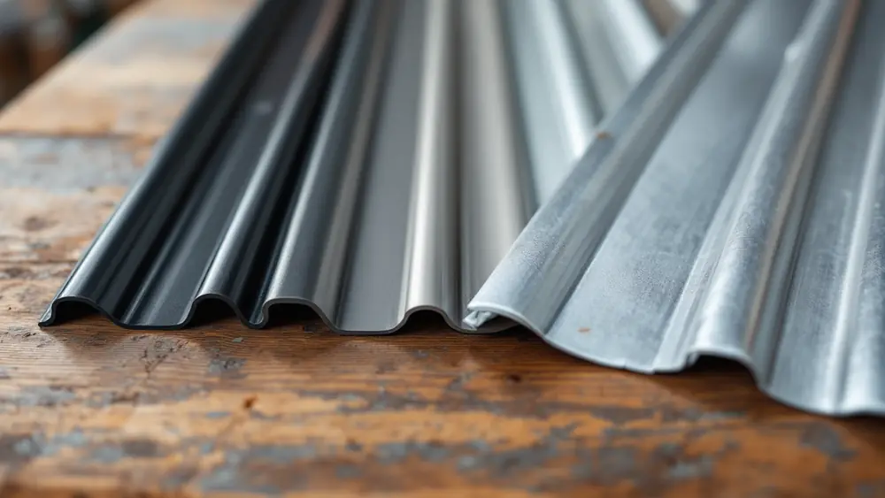 Steel roof panel samples in charcoal, slate gray, ash gray, silver metallic and bare Galvalume side by side