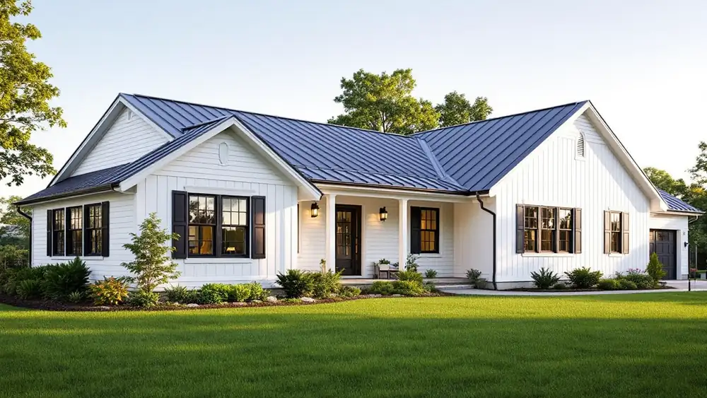 Ranch house with white board-and-batten siding, black windows and a charcoal gray standing seam metal roof