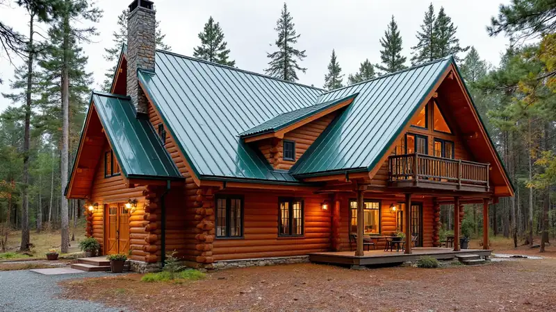 Cabin in a pine forest with a dark green standing seam metal roof