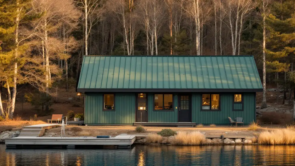 Lake house with a green ribbed metal roof beside a wooded shoreline