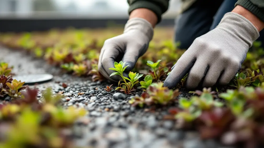 Gloved hands pulling a weed from a sedum green roof beside the gravel strip around a roof drain