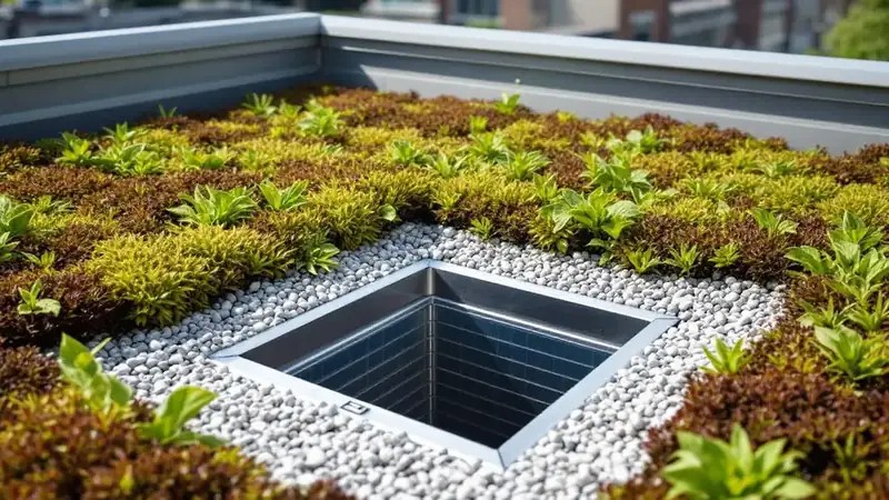 Open drain inspection chamber on a sedum green roof surrounded by a river-rock vegetation-free zone