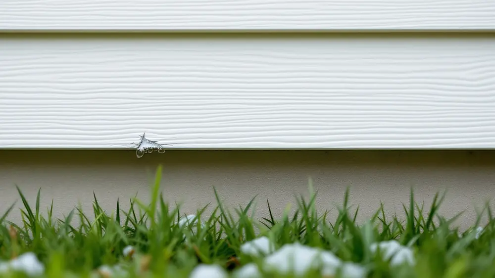 Cracked white vinyl lap siding with hail fractures along the bottom edge of a panel after a storm