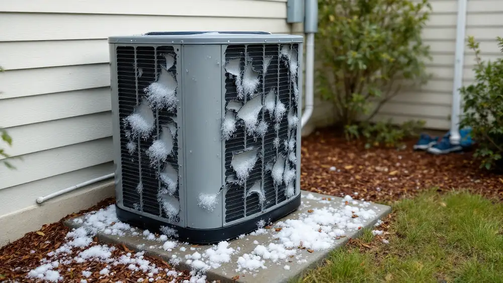 Outdoor AC condenser with hail-flattened aluminum coil fins and hailstones on the concrete pad
