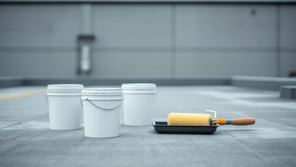 Unlabeled five-gallon pails of white roof coating with a roller and tray on a flat gray roof
