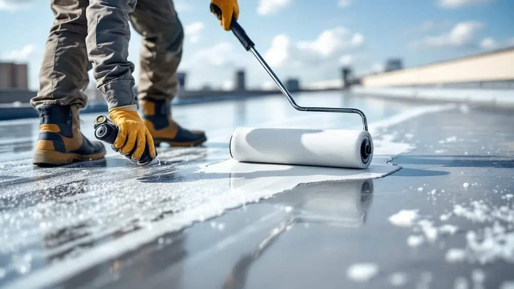 Worker seen from behind rolling white silicone coating onto a gray low-slope roof