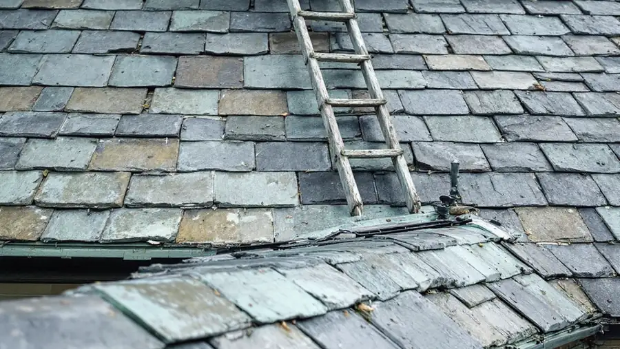 Steep historic slate roof with a hook ladder over the ridge and a few new slates set among weathered ones