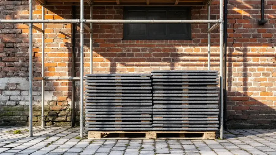 New roofing slate stacked on pallets beside a brick historic house under scaffolding during reroofing